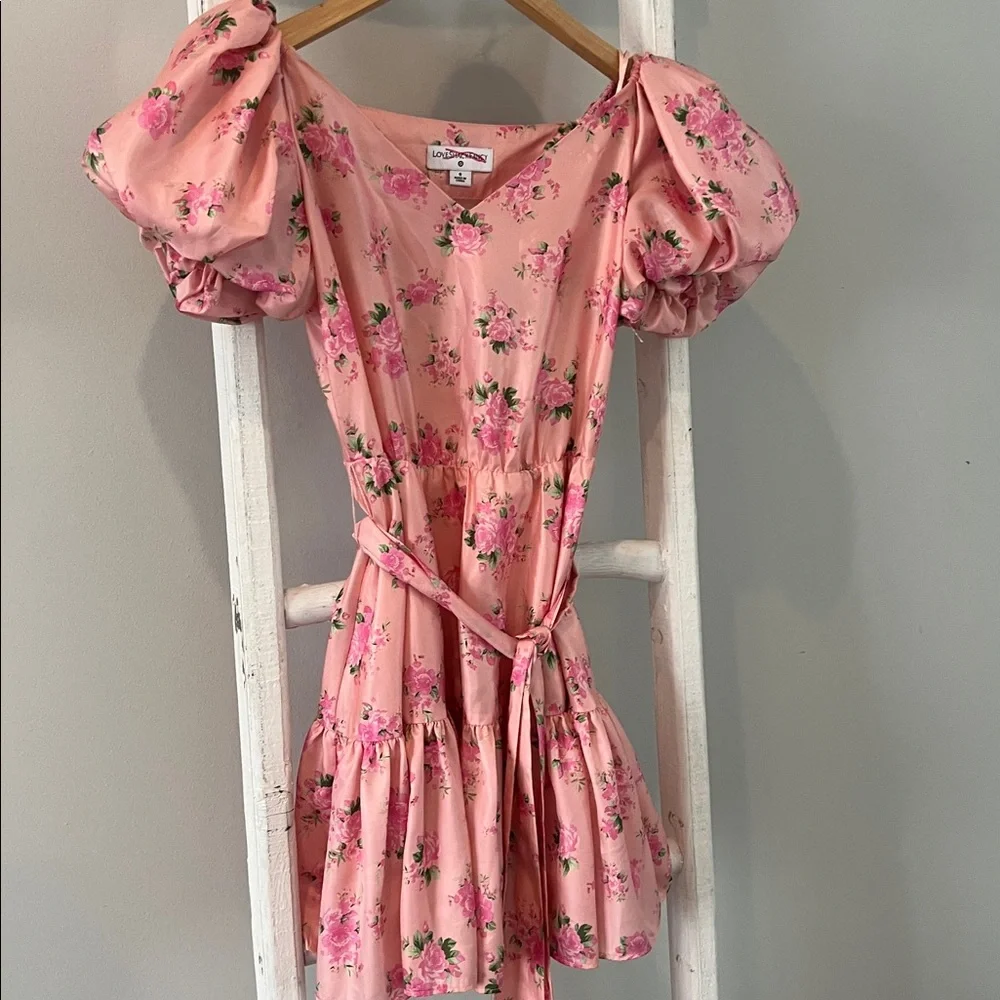 LoveShackFancy Cecile Pink Floral silky belted puff sleeve Mini Dress size 0 - Picture 2 of 10
